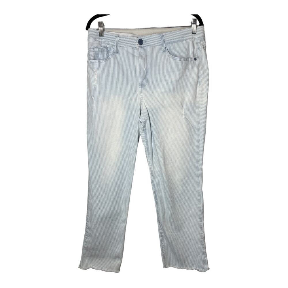 Wit & Wisdom Railroad Striped Jeans Distressed Blue White 14 Tummy Control